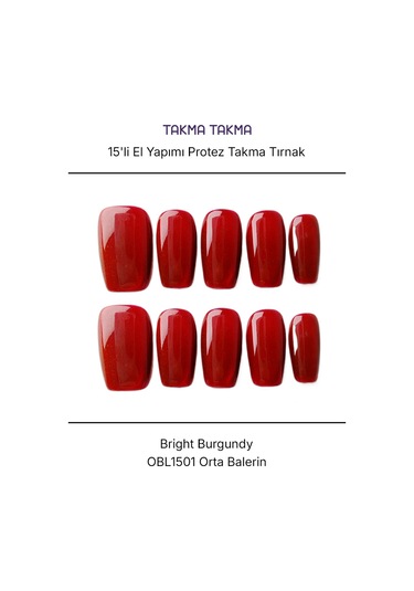 15'li Bordo Orta Balerin Obl1501 Tekrar Kullanılabilir El Yapımı Protez Takma Tırnak S