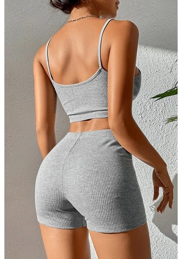 Kadın Gri Melanj Şortlu Kaşkorse Gecelik Takım Çok Renkli
