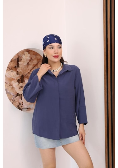Kadın Slim Fit Dar Kesim Vücuda Oturan Uzun Kollu Lacivert Gömlek