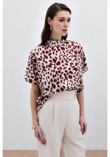 Sateen Yarasa Kol Salaş Bluz - Bej-bordo-135944 Bej-bordo