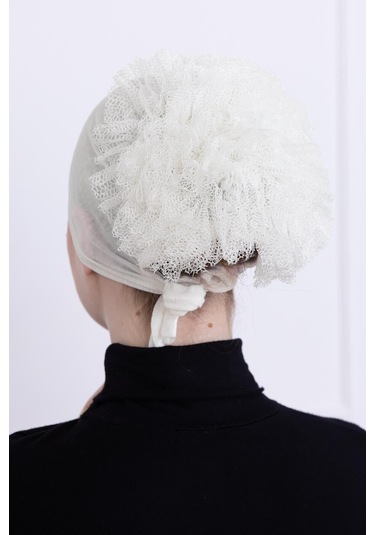 Fırfırlı Önden Dikişli Penye Bone - Kadın Tesettür Bağlamalı Topuz İç Bone-ekru - Kırık Beyaz Ekru