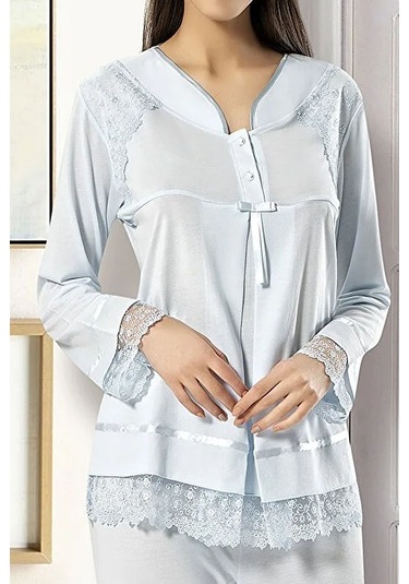 Xses 2180 Kadın Uzun Kolu Hamile Lohusa Pijama Takımı-mavi