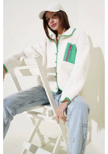 Yeşil Fermuar Cepli Kuzu Mont Beyaz T1085 Beyaz