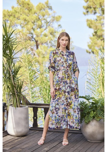 Monamise Kadın Desenli Ve Yırtmaçlı Önü Düğmeli Gömlek Yaka Elbise 25048 Mor