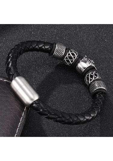 Moda Klasik Aslan Kafası Tokalı Deri Bileklik Erkekler İçin Günlük Punk Takı Hediye Siyah