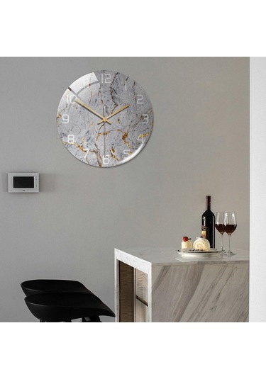 Suntek Mermer Dokulu Yuvarlak Pille Çalışan Ofis İçin İskandinav Tarzı Duvar Saati Gri