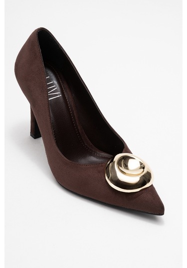 Jordana Kahverengi Süet Gold Tokalı Kadın İnce Topuklu Ayakkabı Kahverengi