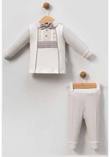 Önü Düğme Aksesuarlı Bebe 2'li Erkek Takım Gri