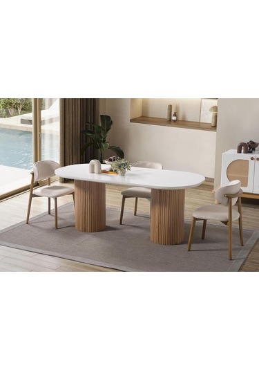 Narven Bohem Natural Ahşap Masa Sandalye Takımı 90x180 Meşe - Beyaz