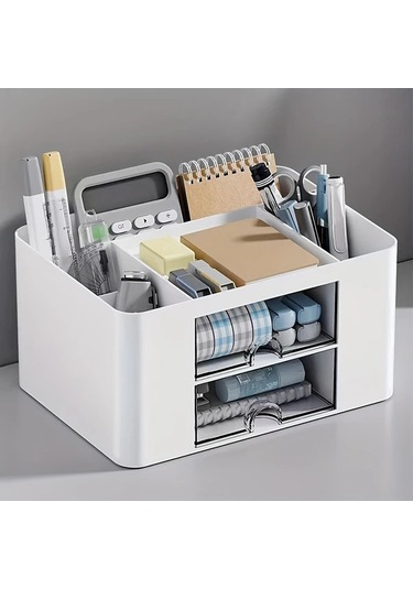 Sunshine011 Mavi 2 Çekmeceli Masaüstü Organizer, Kalem Ve Kozmetik Depolama Kutusu Mavi