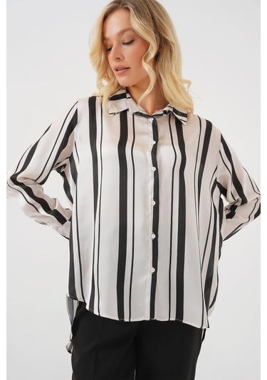 Gülsüm Aydın Çizgili Uzun Saten Gömlek 20291 - Siyah Siyah