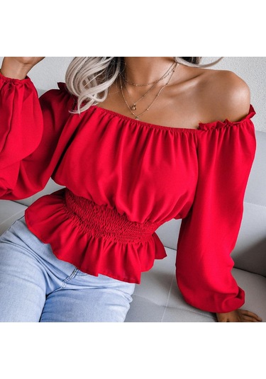 İlkbahar Ve Sonbahar Kadın Bluz Uzun Kollu Seksi Tek Boyun Straplez Hem Fırfır Şifon Bluz Tops Kırmızı