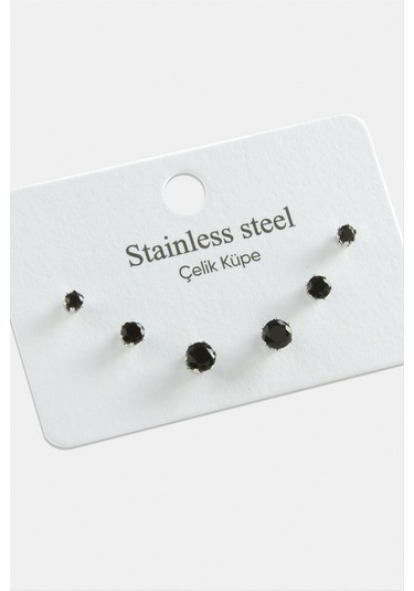 6 Adet Yuvarlak Zirkon Tek Taşlı Çelik Küpe 0424 Siyah