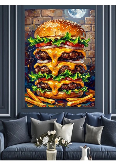 Ay Işığı Altında Devasa Katlı Hamburger Dekoratif Kanvas - Mdf Ahşap Tablo