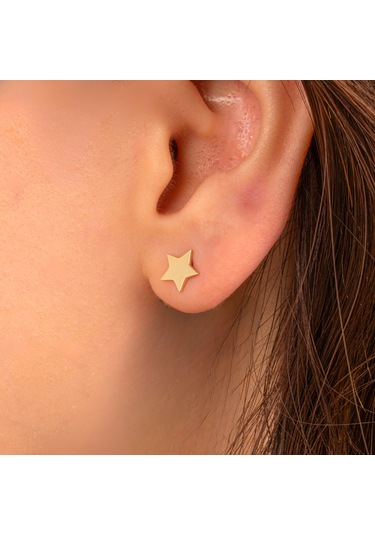 Altın Küpe - 14 Ayar Altın Minimal Yıldız Figürlü Küpe Sarı