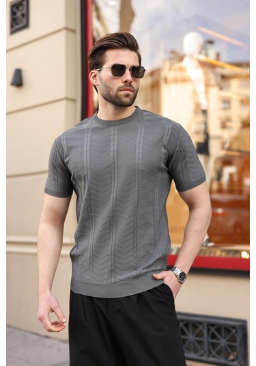 Antrasit Bisiklet Yaka Slim Fit Triko Erkek Tişört E7466