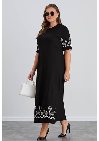 Wearon Kadın Aysar Kısa Kol Baskılı İki İp Boydan Siyah Elbise Siyah