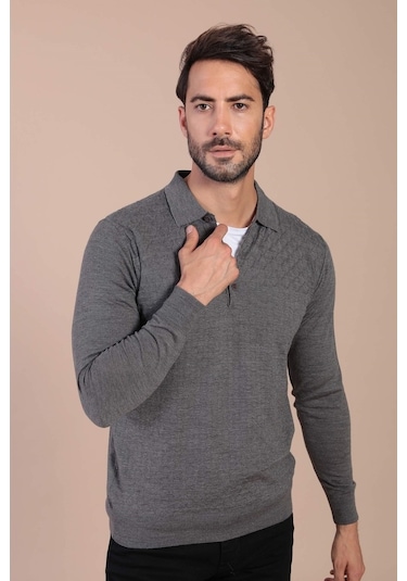 Ferraro Polo Yaka Superfine Yün Kazak - Gri Gri