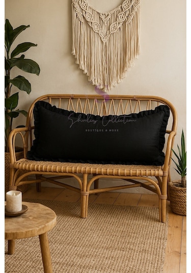 Fırfırlı Vintage Buldan Siyah Renk Iskandinav Uzun 40x100 Kırlent Yastık İçi Dolgulu Siyah