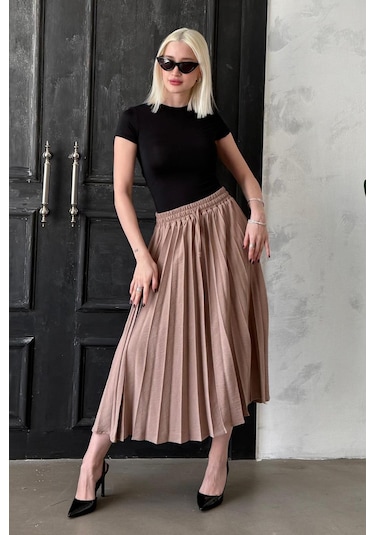 Madmext Camel Pileli Midi Boy Kadın Etek Mg2393