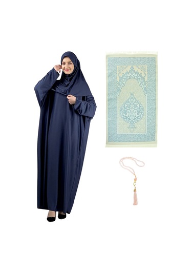 Namaz Elbisesi Eşarp Seccade Tesbih Set, İslami Giyim Takım Ferace Turban Şal Lacivert