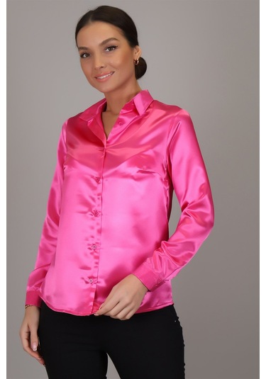 Sweetness Kadın Fuşya Saten Uzun Kol Abiye Gömlek Fuşya