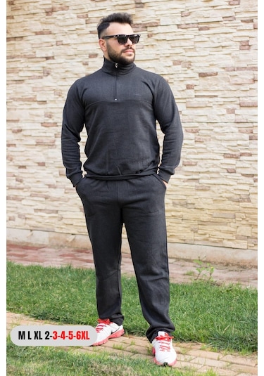 Antrasit Battal Büyük - Normal Beden Yarım Fermuarlı Erkek Eşofman Takımı 21eestyakt Antrasit