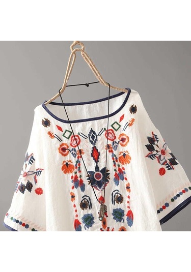 Lüks Nakış Çiçek Tees Kadın Çin Tarzı Klasik Gevşek Gömlek Casual Vintage O Boyun Kısa Kollu Yaz Bluz Tops Sari