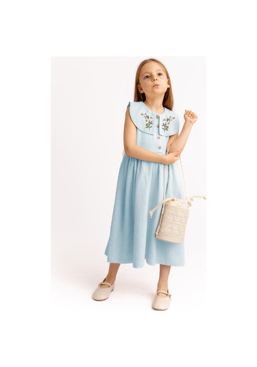 Nakışlı Roba Yaka Keten Kız Çocuk Elbise Mavi Mavi