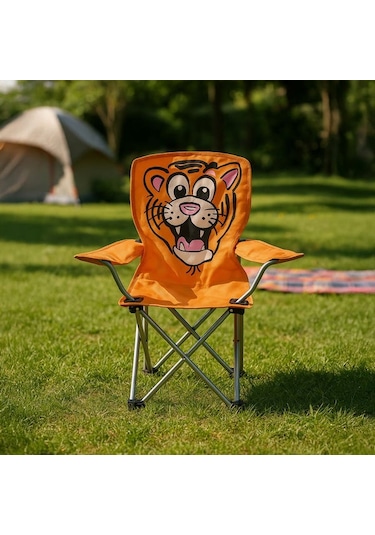 Kpm Katlanır Kaplan Desenli Çocuk Kamp Sandalyesi - Turuncu Turuncu