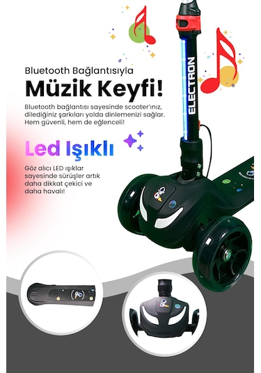 Electron Led Işıklı Hoparlörlü Yükseklik Ayarlı Elektrikli Scooter - 60w Siyah