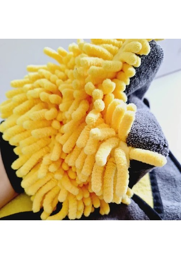 Samdoo Araç Temizlik Eldiveni Ve Mikrofiber Havlu Seti - Çift Taraflı Su Emici Yıkama Aksesuarı Sarı Eldiven + Gri-sarı 400g Havlu