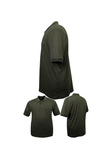 Erkek Büyük Beden 115 - 155 Kilo Arası Uygun Bedenli Likralı Pike Polo Yaka Cepli Tişört Haki Yeşil