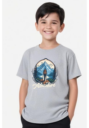 Adventure Baskılı Erkek Çocuk Yuvarlak Yaka Kısa Kollu T-shirt Gri