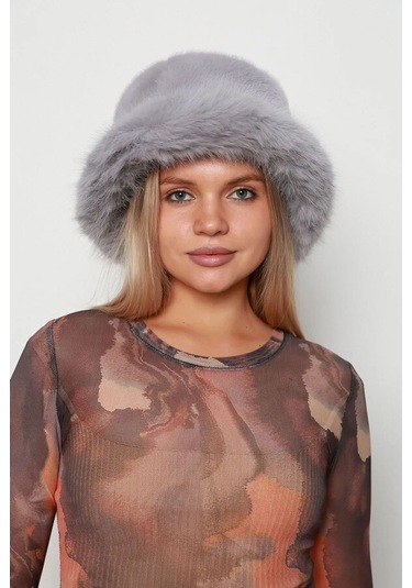 Kadın Peluş Bucket Kalpak Şapka 1143 Rkş-14 Gri Gri