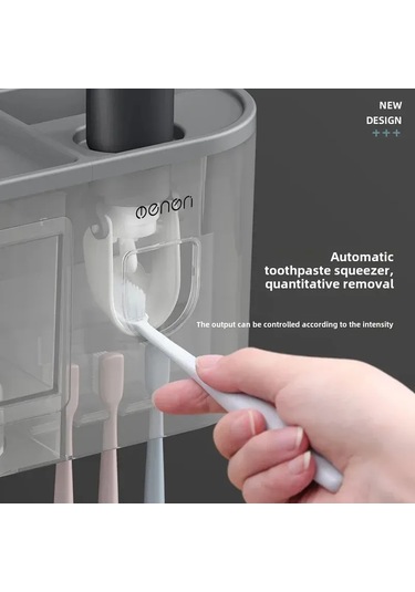 Konesam Duvar Montlu Diş Fırçası Tutucu - Süpürge Özellikli, Deliksiz Desen, Dolap Ve Bardak Seti - Çok Amaçlı Banyo Organizer Gri Diğer