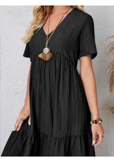 Kadın Kısa Kollu V Yakalı Fırfırlı Bürümcük Elbise Siyah