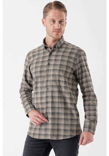 Koyu Vizon Uzun Kollu Ekoseli Gabardin Sert Yaka Cepli Casual Comfort Fit Gömlek 1004235113-koyu Vizon Koyu Vizon