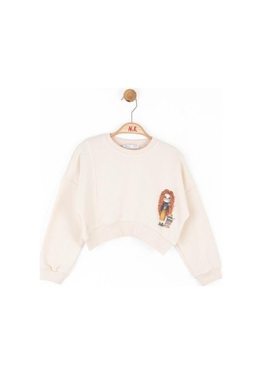 Kız Çocuk Pamuklu Oversize Kolej Sweat-15461 KREM
