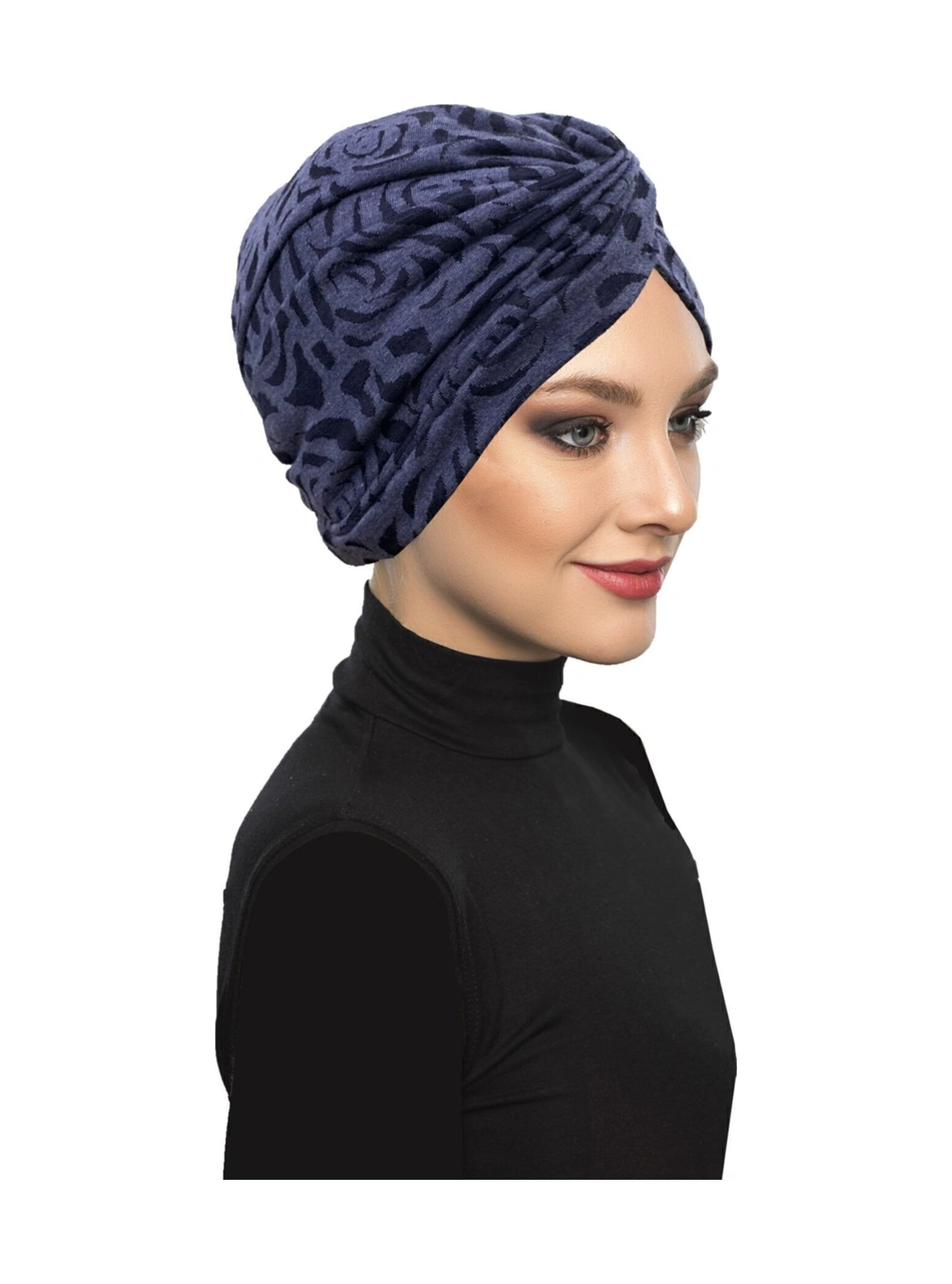 Desenli Çapraz Penye Lacivert Gül Desenli Hazır Türban Tesettür Havuz Bonesi Lacivert Gül