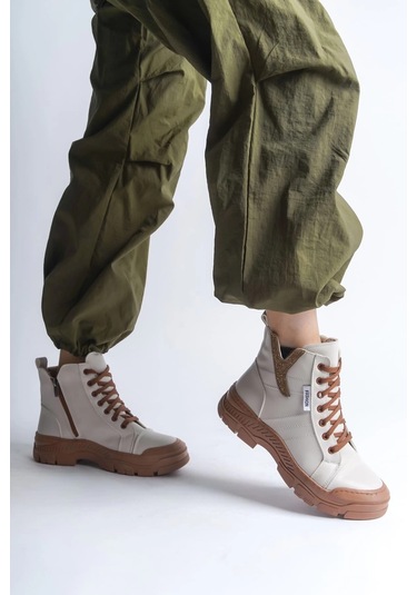 Amber Bağcıklı Fermuarlı Ortopedik Taban Kadın Bot Ctt - Krem Krem