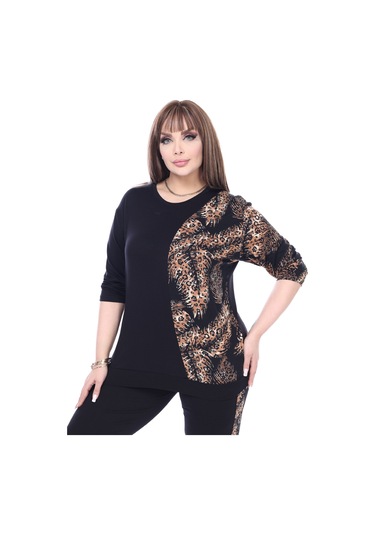 Melsay Butik Siyah Truvakar Kol Yarım Başak Garnili Viskon Büyük Beden Takım Siyah