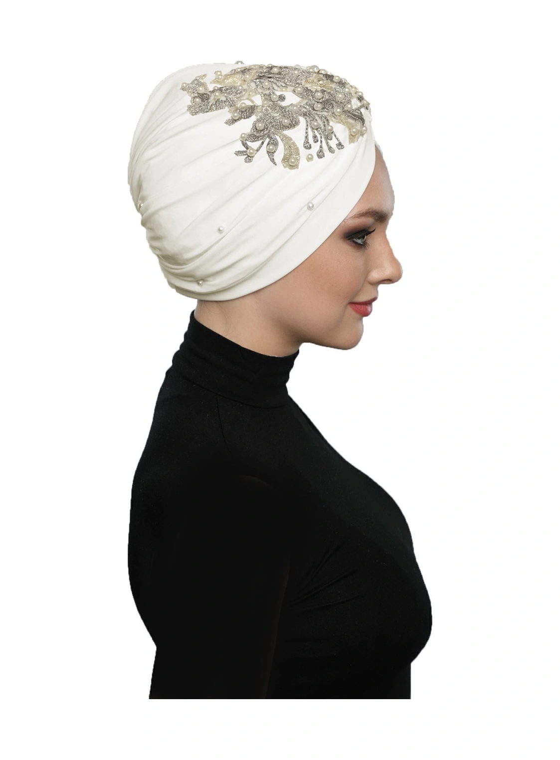 Kopma Astarlı İşlemeli Krem Gri Dantel Motifli Hazır Türban Tesettür Abiye Bone Krem-gri