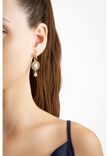 Cameo Italiano 18 Ayar Sarı Altın Kaplama Gümüş İnci Küpe Sarı