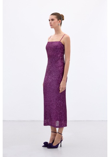 Askılı Uzun Payet Elbise - Mürdüm-136659 Mürdüm