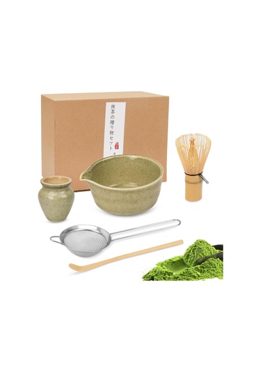 Wezone Geleneksel Matcha Hazırlama Seti - Bambü Çırpıcı, Ölçü Kaşığı Ve Seramik Kase İle Pürüzsüz Köpüklü İçim Yeşil