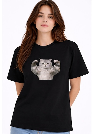 Nevermind Kadın Tişört Baskılı Kedi Desenli Basic Günlük Rahat Pamuk Siyah L