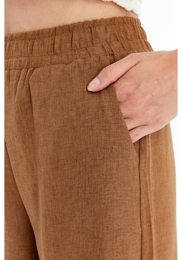 Genius Store Kadın Pantolon Keten Karışımlı Beli Lastikli Kırışmaz Kumaş Pantolon Keten-pantolon Kahverengi