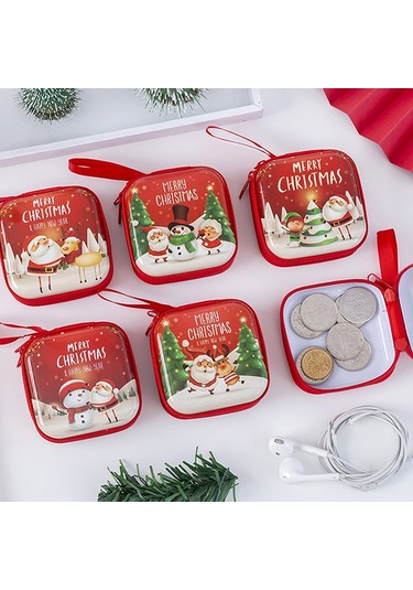 Noel Kare Fermuarlı Çanta Karikatür Öğrenci Para Anahtar Saklama Çantası Kulaklık Kılıfı Para Kesesi