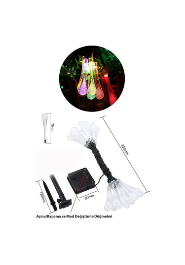 Trendpoint Solar 30 Ledli Su Damlası Model 8 Modlu Güneş Enerjili Çok Renkli